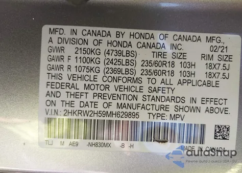 2021 Honda Cr-V Awd Ex z USA, uszkodzony, nr VIN 2HKRW2H59MH629895